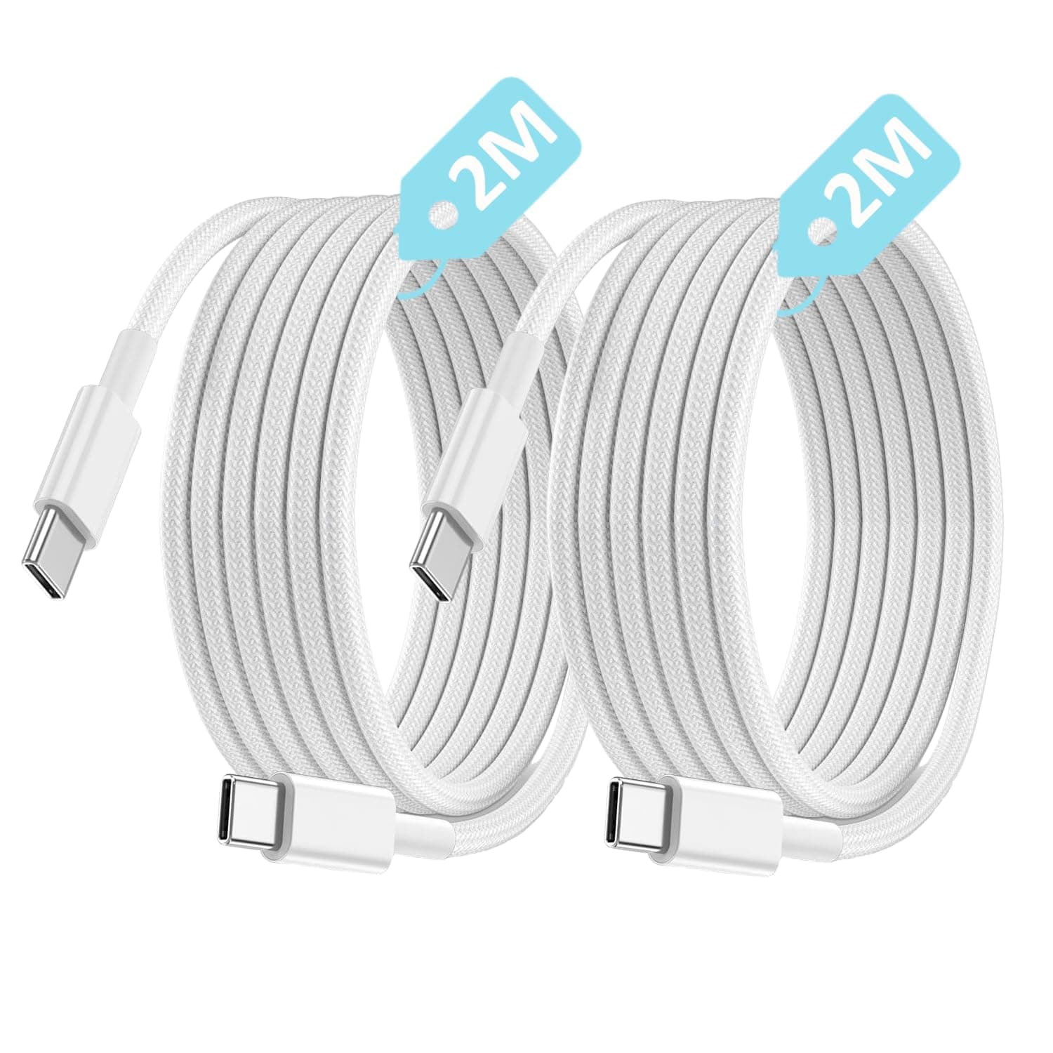 2 Adet x 2Metre Set, Type C-C ÖRGÜLÜ ve GÜÇLENDİRİLMİŞ BOYUN 60Watt Hızlı Şarj Kablosu (2Ad x 2Metre Beyaz)