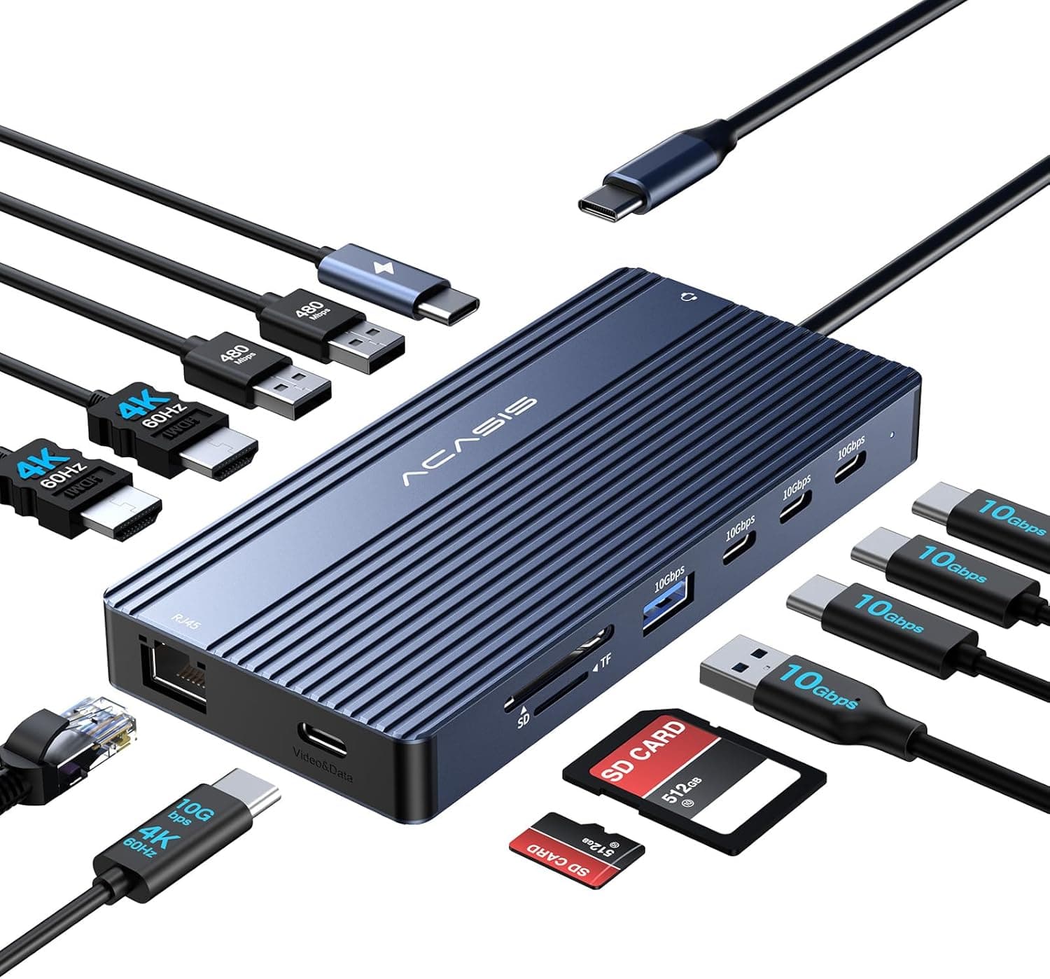ACASIS Çift Monitör Yerleştirme İstasyonu, HDMI 4K @ 60 Hz, 14'ü 1 Arada Dizüstü Bilgisayar Yuvası, 10 Gbit/s (USB-C Video + Veri, 3 x USB C, USB A) Ethernet, 100 W PD, SD/TF, 3,5 mm Ses, Siyah