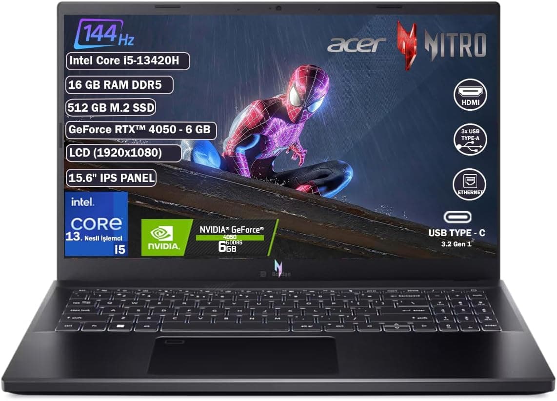 Acer Nitro V15 ANV15-51-57XV Intel Core I5 13420H 16GB 512GB SSD RTX4050 Freedos 15.6" Fhd Taşınabilir Bilgisayar NH.QNBEY.004