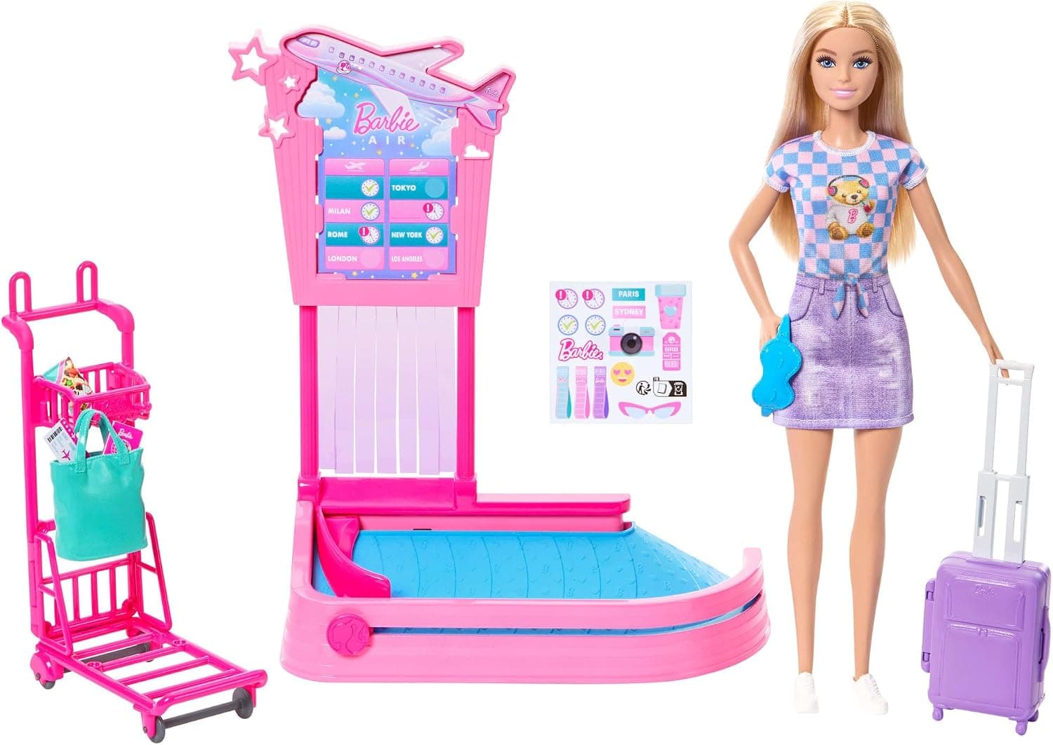Barbie Aile ve Dostlar Sınırsız Macera bebeği "Malibu", sarışın bebek, bagaj teslim alanı, valiz, bagaj arabası, bant sistemi ve el çantası, JMJ49