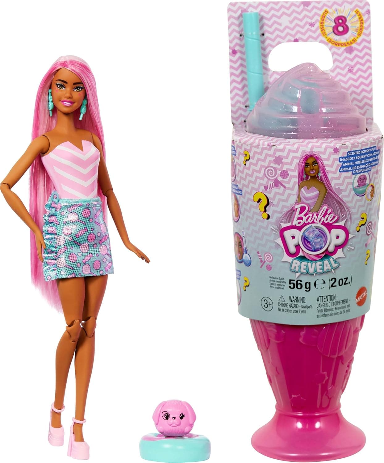 Barbie Pop Reveal Serisi bebek ve aksesuar seti, Atıştırmalık Serisi, Lolipop Düşkünü Şeker Kız ve evcil hayvanı, renk değişimi dahil 8 sürpriz, JFY62