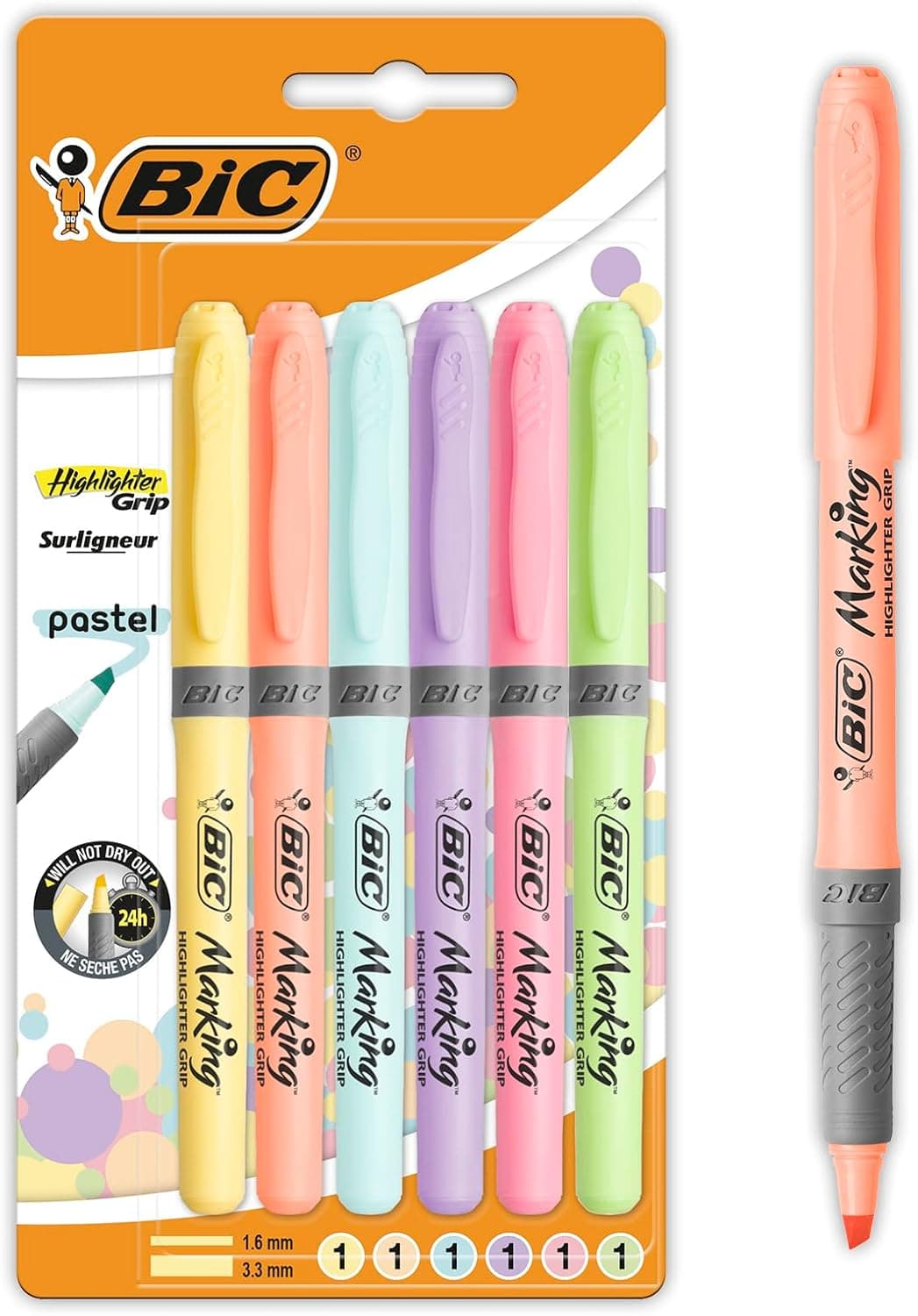 BIC Intensity Highlighter Grip Pastel Marker Fosforlu Kalem 6'lı Blister, Su Bazlı Mürekkep, 6 Pastel Renk, Kauçuk Tutaçlı