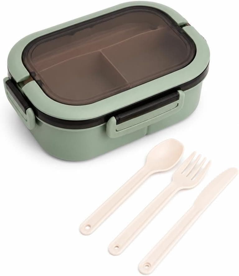 Busstier 1200 ml 2 Katlı 6 Bölmeli BPA'sız PP Plastik Sefer Tası ve Beslenme Çantası - Hava Kilitli Bento Lunch Box, Çatal ve Kaşık Dahil (Yeşil)