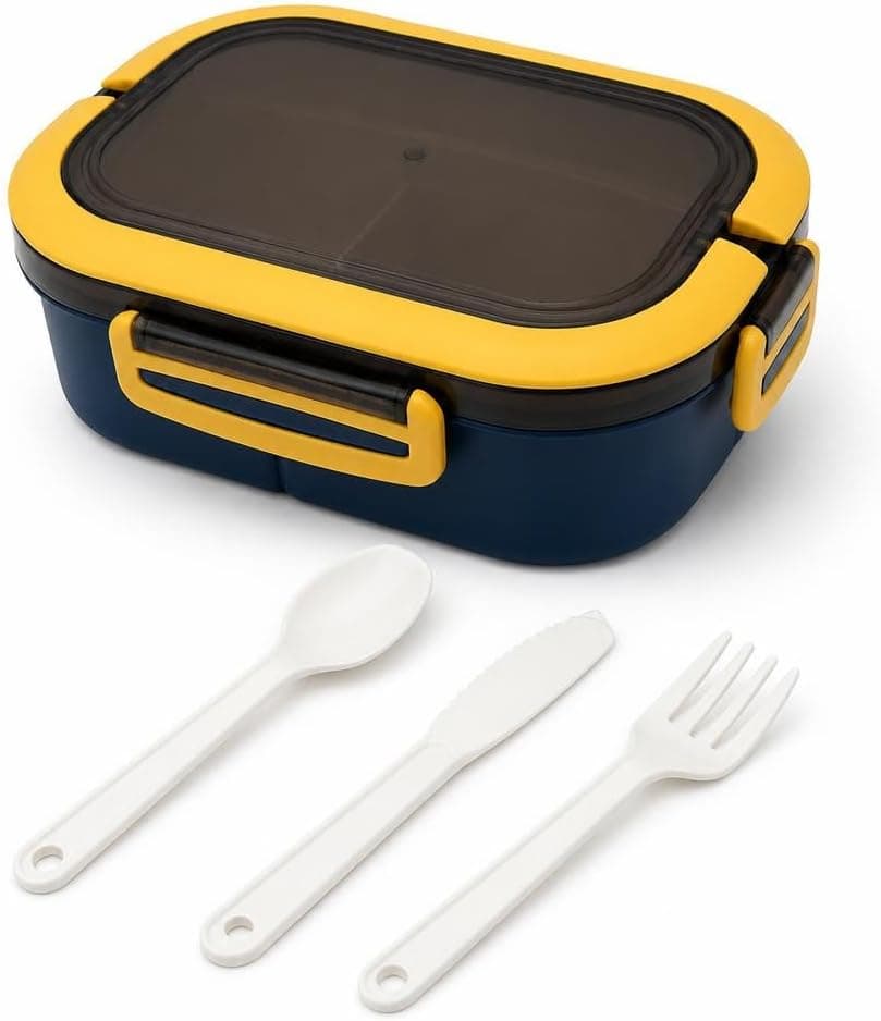 Busstier 1200 ml 2 Katlı 6 Bölmeli BPA'sız PP Plastik Sefer Tası ve Beslenme Çantası - Hava Kilitli Bento Lunch Box, Çatal ve Kaşık Dahil (Mavi)