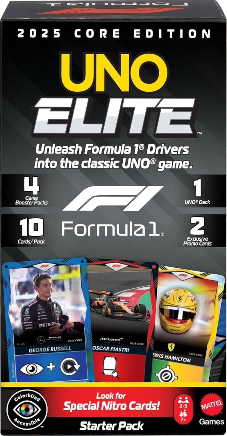 Çocuklar, hayranlar, aileler ve oyun geceleri için Mattel Games UNO Elite F1 Kartlar - Başlangıç Paketi kart oyunu, 4 Ek Kart Paketi ve 2 Özel Kart, JLV42