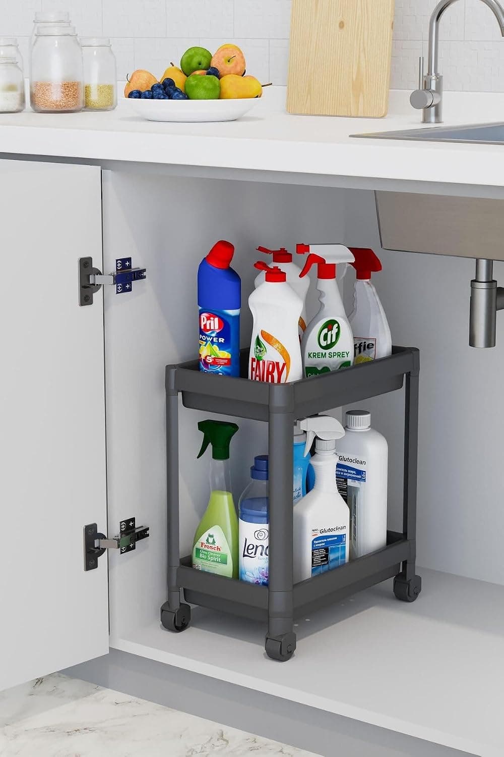 Coverest 2 Katlı Tekerlekli Düzenleyici Raf Mutfak Tezgah & Evye Altı Dolap İçi Organizer, Banyo Deterjanlık ve Şampuanlık, Çok Amaçlı Taşınabilir Sebzelik, Modern Dekoratif Raf Ünitesi (Siyah)