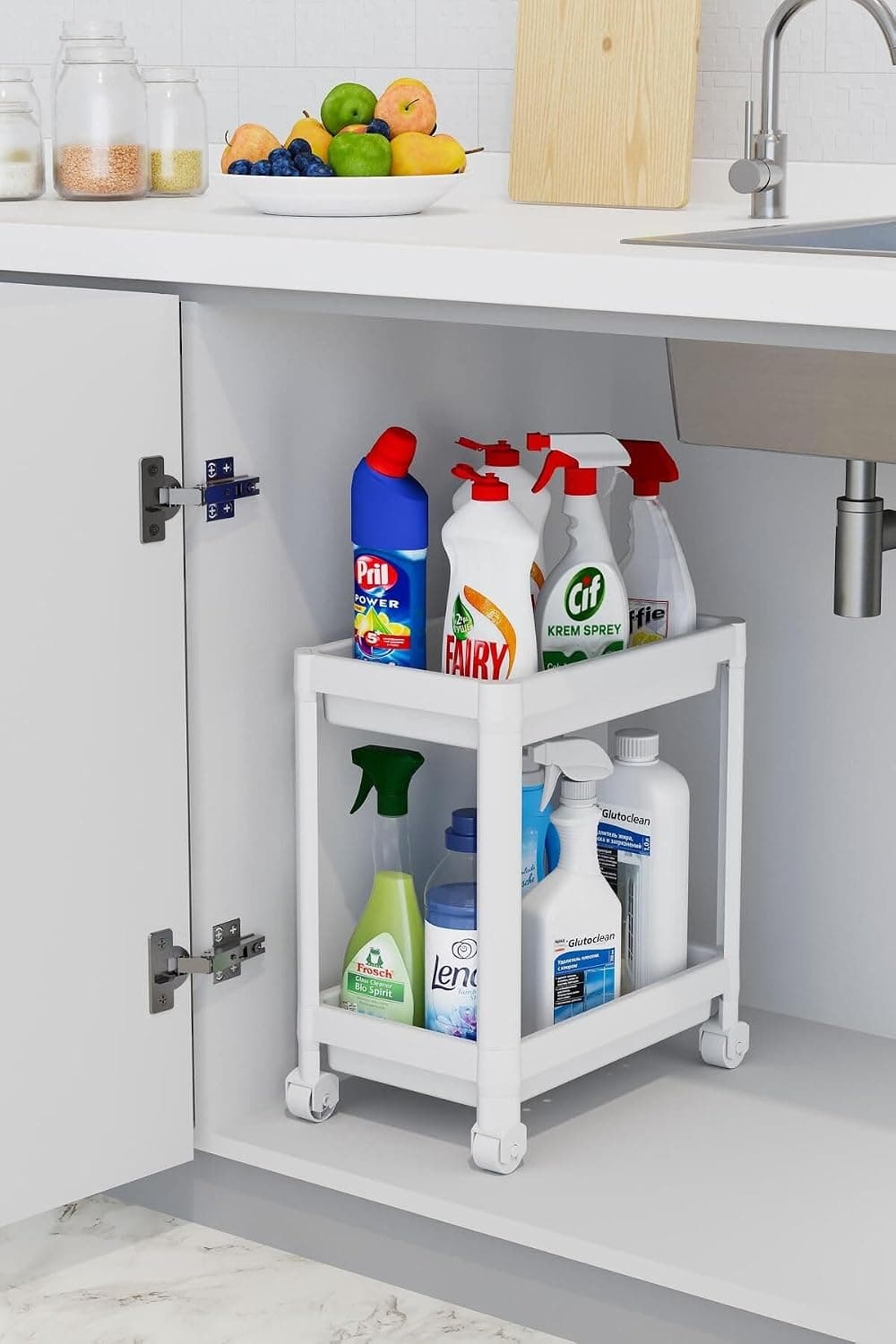 Coverest 2 Katlı Tekerlekli Düzenleyici Raf Mutfak Tezgah & Evye Altı Dolap İçi Organizer, Banyo Deterjanlık ve Şampuanlık, Çok Amaçlı Taşınabilir Sebzelik, Modern Dekoratif Mutfak Raf Ünitesi (BEYAZ)