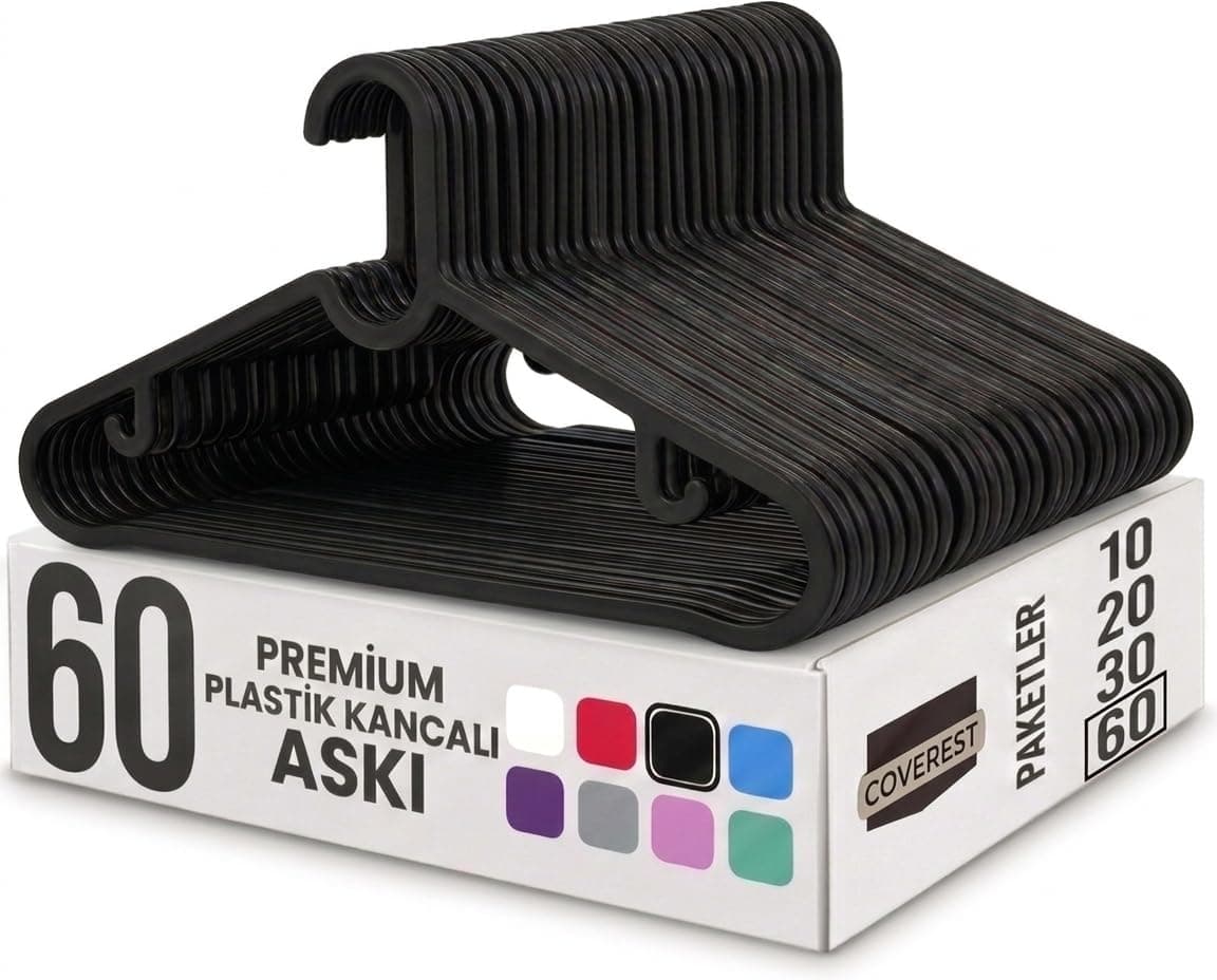 Coverest 60 Adet Slim Plastik Elbise Askısı, Gardrop İçin Alan Tasarruflu Pantolon Gömlek Ceket Etek Askısı, Kıyafet Askısı, 39.5 cm x 17.5 cm (60, SİYAH)