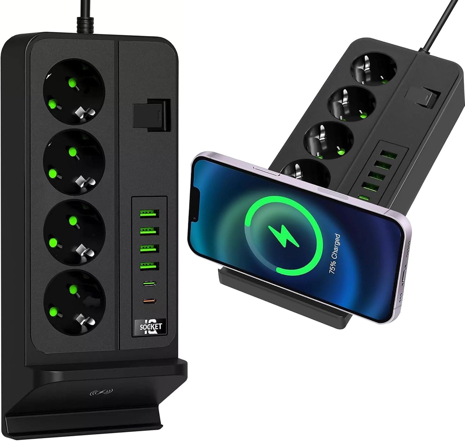 Coverzone Dikey Çoklu Priz, 4 Schuko Priz, 4 USB-A + 2 USB-C, Magsafe ile Uyumlu Şarj, 3.4A USB Çıkışı, Açma Kapama Anahtarlı, 2 Metre Kablolu Masaüstü Power Socket Siyah | G12