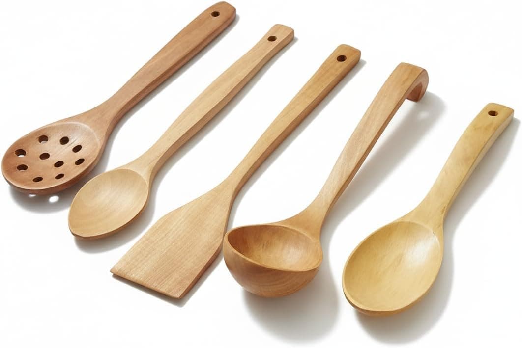 Doğal Ahşap 5 Parça Mutfak Gereçleri Seti | Yemek Pişirme ve Servis Seti | Kaşık, Spatula, Kevgir, Servis Kaşığı, Pilav kaşığı | Sağlıklı, Dayanıklı ve Şık Tasarım
