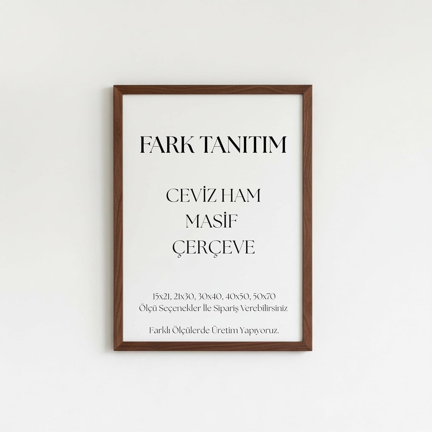 Fark Tanıtım Premium Masif Çam Çerçeve - 3mm MDF Arkalık - 400 Mikron Kırılmaz Şeffaf PVC Ön Koruma - Şık ve Dayanıklı Duvar Ahşap Çerçevesi (Ceviz, 40cm x 50cm)