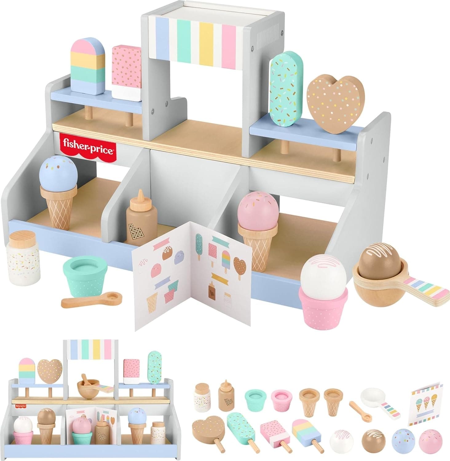 Fisher-Price Ahşap Dondurma Dükkanı Okul öncesi çağdaki çocuklar için 18 ahşap parçadan oluşan Fisher-Price Ahşap Dondurma Dükkanı Seti HXV21