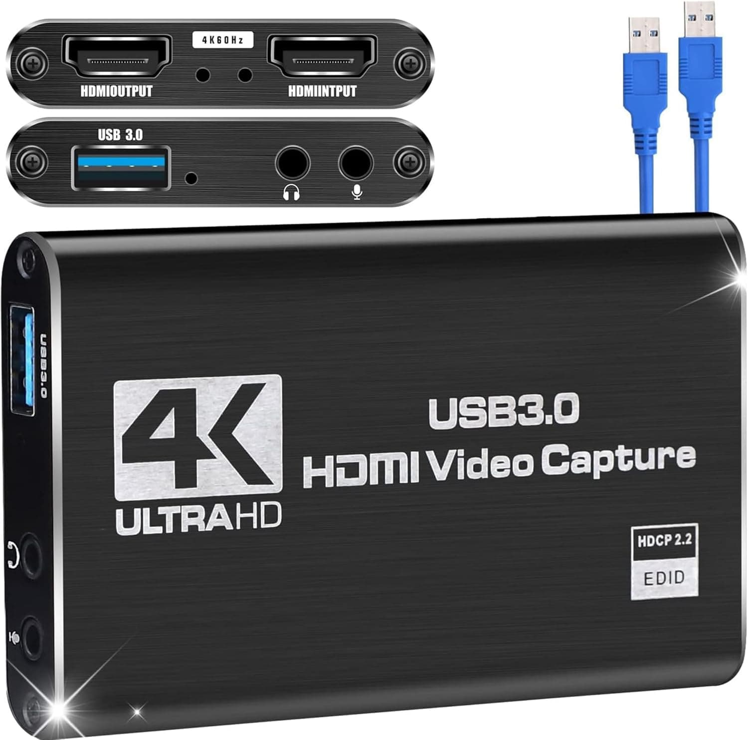 HDMI to USB 3.0 Video Capture Kartı Ses ve Görüntü Yakalama | 4K 60FPS Görüntü Aktarma, Ekstra Güç Gerektirmez, PS3 PS4 PS5 Xbox, Windows ve OS X ile Uyumlu Yayın Kayıt Cihazı, ZR1285, Siyah