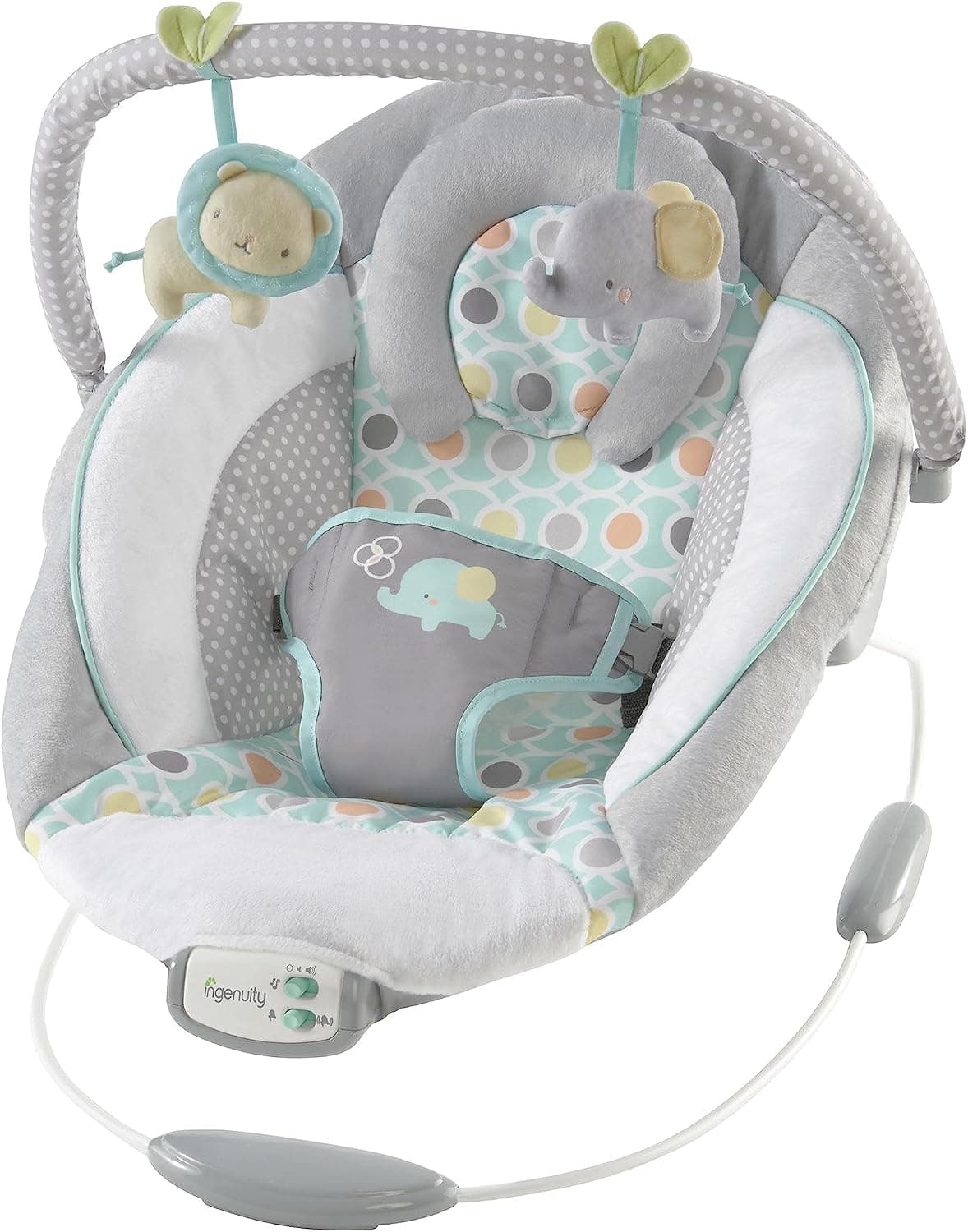 Ingenuity Rahatlatıcı Ana kucağı Bebek Koltuğu, Sesler ve Titreşimler, 0-6 Ay, 9 kg'a Kadar - Morrison, Fil/Aslan Oyuncaklı (Gri/Mavi)
