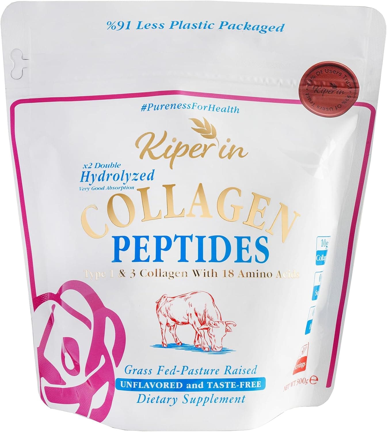Kiperin Collagen Saf Hidrolize Kolajen Peptit (Tip 1 & 3) - Tatsız ve Kokusuz Toz Form - Helal Sertifikalı - 30 Günlük Kür - 300g