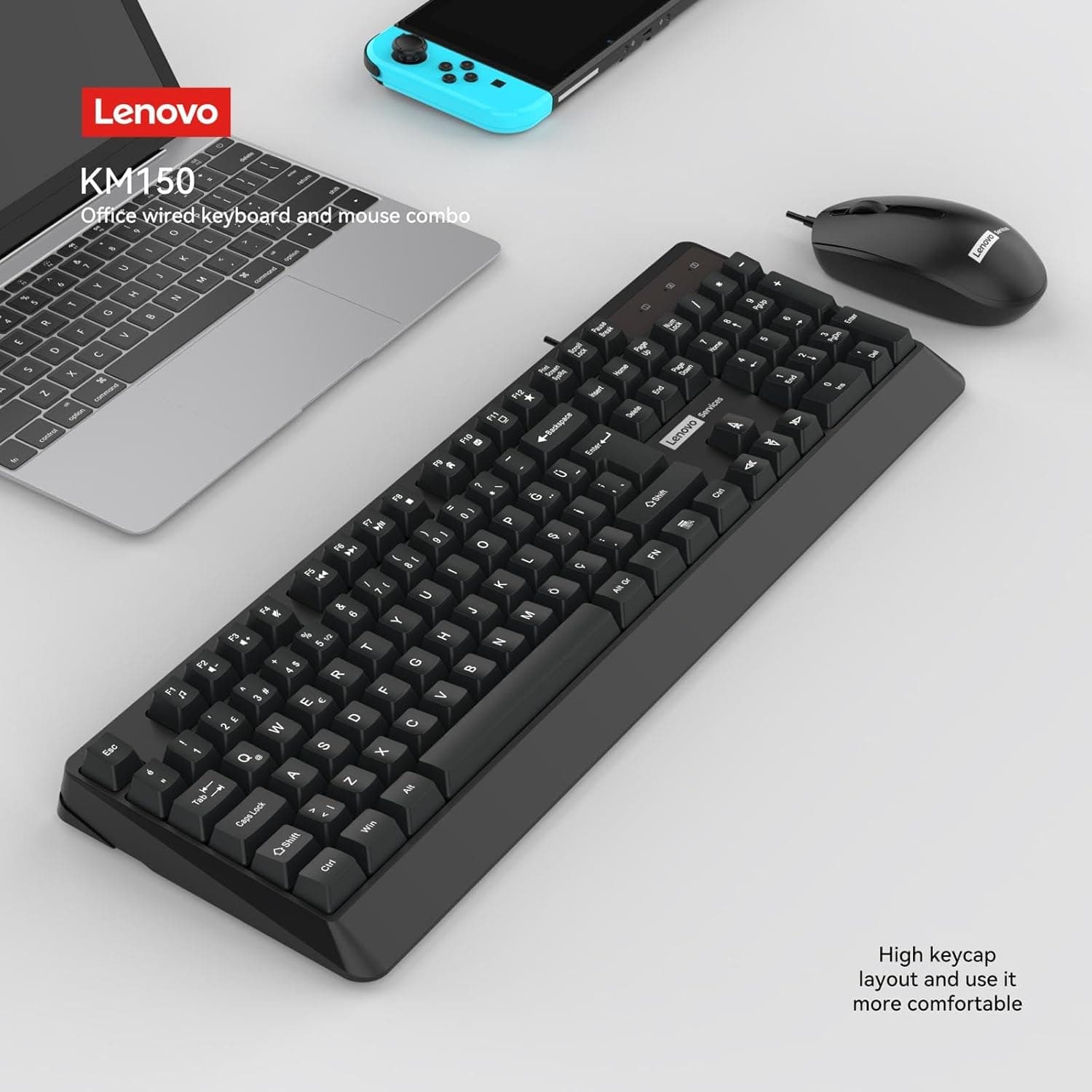 Lenovo KM150 Kablolu Klavye Mouse Seti - Q Türkçe, Yüksek Tuş Yapısı, Siyah (Wired Keyboard Mouse Set)