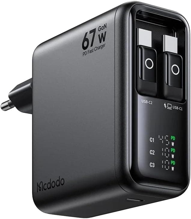 Mcdodo CH-8640 FreeGo Pro 67W GaN USB-C Şarj Adaptörü, Akıllı LED Güç Ekranı, 2 x 80 cm Geri Çekilebilir Ledli USB-C Kablo ve Ek USB-C Port, Siyah