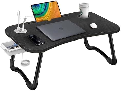 McStorey Katlanabilir Laptop Masası, USB Hub'lı LED Işıklı USB Fanlı Dizüstü Bilgisayar Sehpası, Tablet Standlı, Bardak Tutuculu, Çekmeceli Ev Yatak Çalışma Masası 60x40 cm Siyah