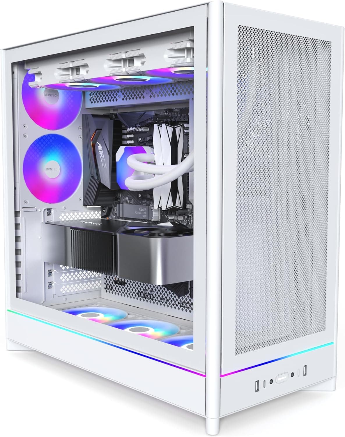 MONTECH HS01 PRO, ATX orta boy kasa bilgisayar kasası, oyun bilgisayarı, yüksek hava akışı, ters çevrilebilir düzen, file ön plaka, 5 x ARGB PWM fan, önceden yüklenmiş, batan tasarım, aletsiz paneller