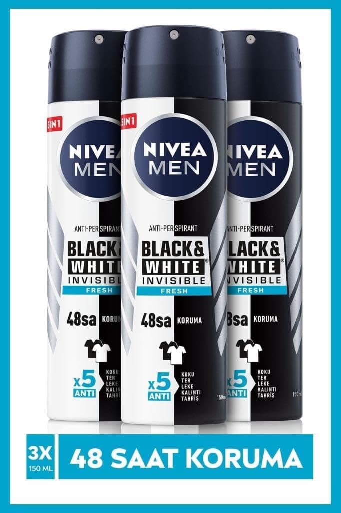 NIVEA MEN Erkek Sprey Deodorant Black&White Invisible Fresh, Ter ve Ter Kokusuna Karşı 48 Saat Anti-perspirant Koruma 150ml x3 Adet