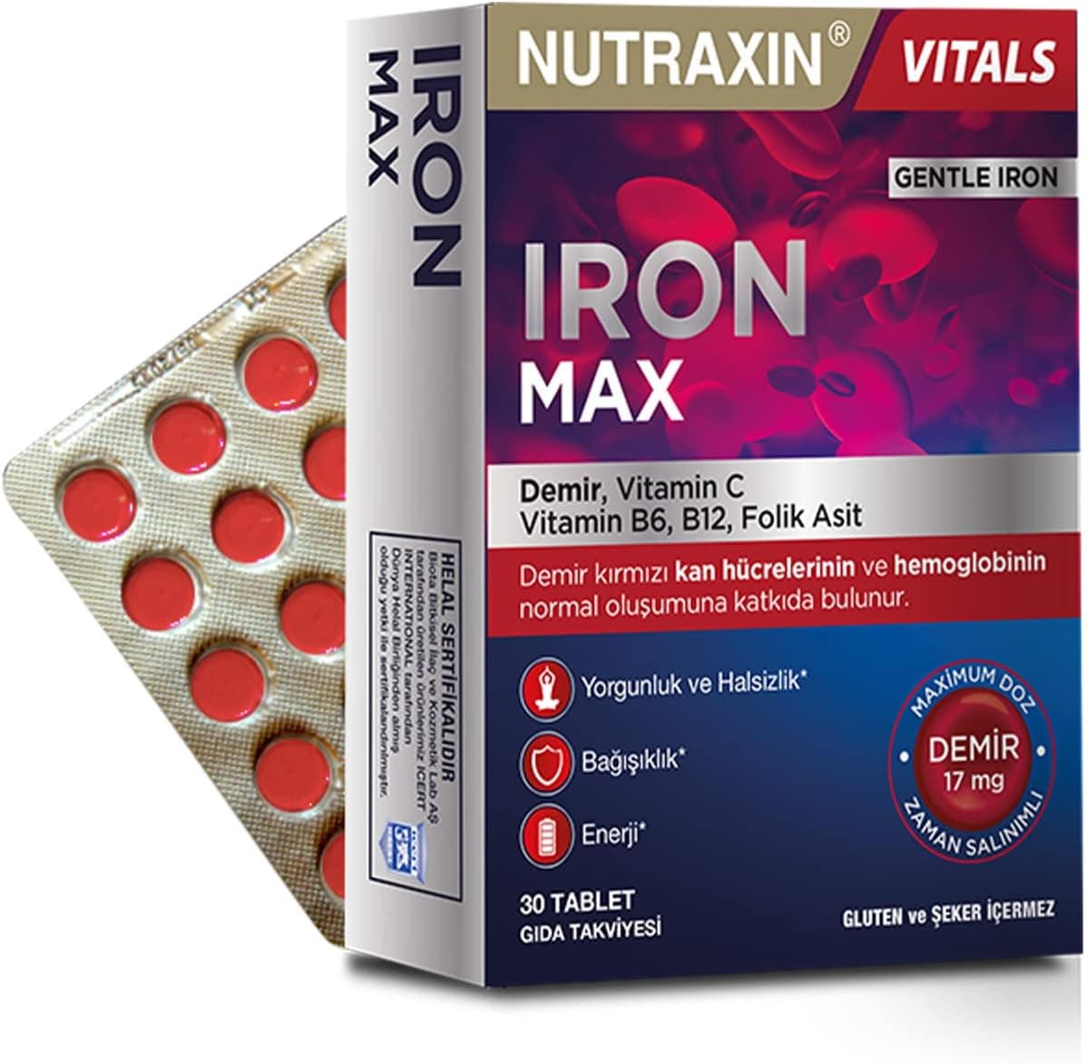 Nutraxin Iron Max 30 Tablet – Demir, C Vitamini, Folik Asit ve B12 Vitamini İçeren Takviye