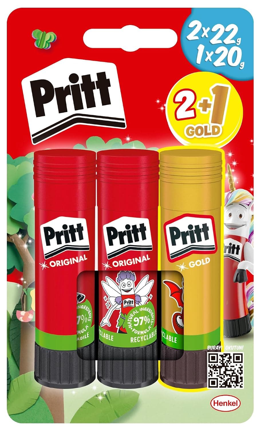 Pritt Stick Yapıştırıcı, 2+1 Simli ve Güvenli El işi Yapıştırıcısı, Hızlı ve Pratik Yapıştıran Okul ve Ofis Malzemesi, 2x22g+1x20g Pritt Stick Yapıştırıcı Sari