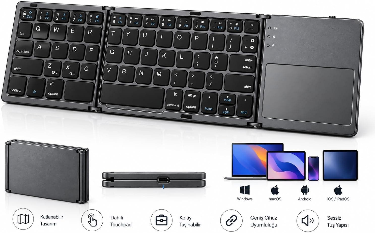 PSR Aksesuar Katlanabilir Bluetooth Klavye Touchpadli, Kablosuz Taşınabilir Klavye, Windows, Mac, Android, iPhone, iPad, Tablet ve Bilgisayar Uyumlu, Kompakt Seyahat Klavyesi