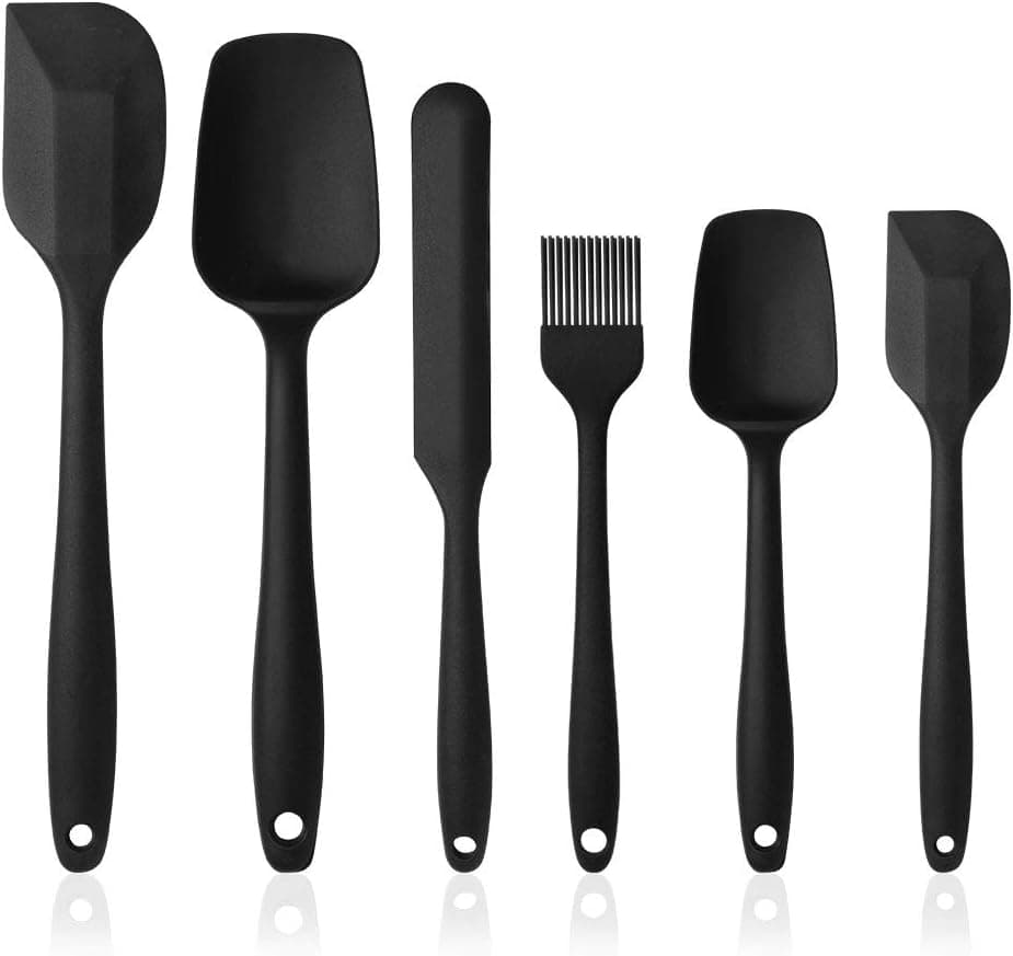 Vicloon Silikon mutfak yardımcısı, 6 adet silikon spatula, çorba kaşığı, fırın fırçası, spatula, ısıya dayanıklı ve yapışmaz, paslanmaz çelik ve dikişsiz tek parça tasarım (siyah)